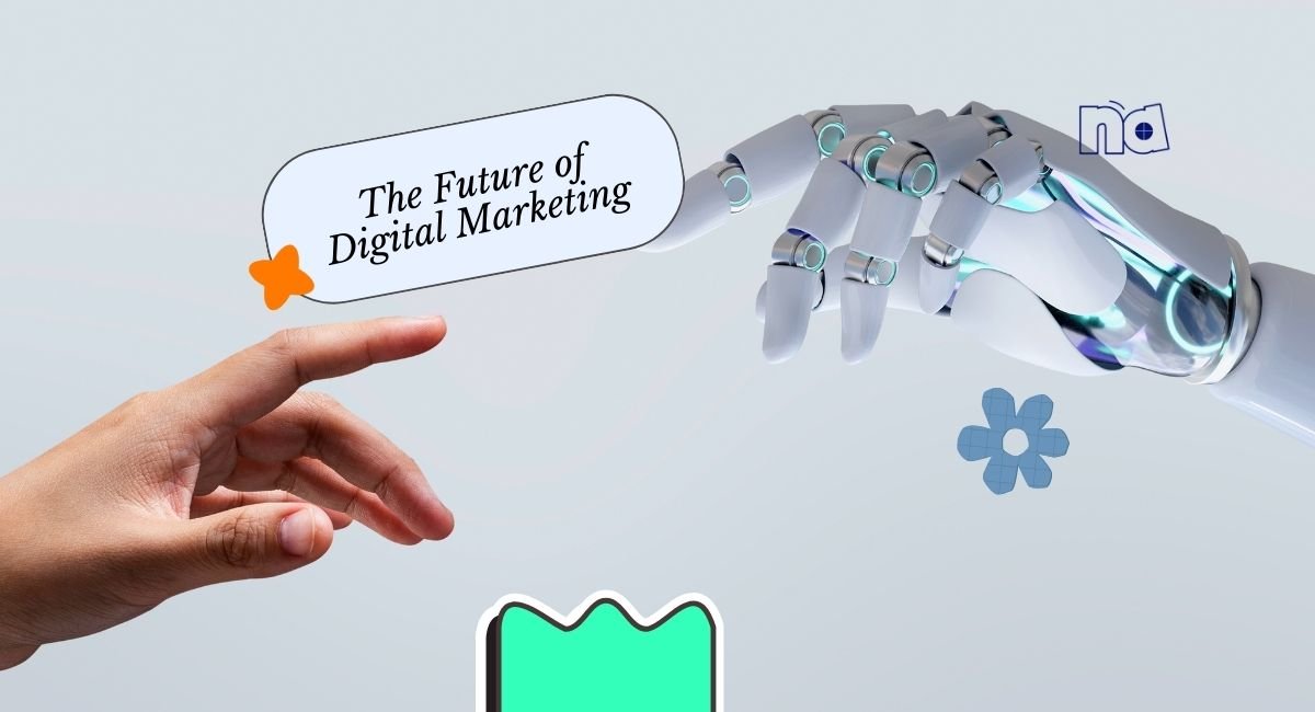 Human hand connecting with AI robot hand future of digital marketing blog cover by Nasimul Ahsan